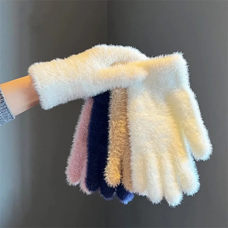 Women Winter Keep Warm Plus Cashmere Solid Color Woolen Elasticity Soft Full Fingers Mittens Girls Warm Fur Knitted Gloves Gifts