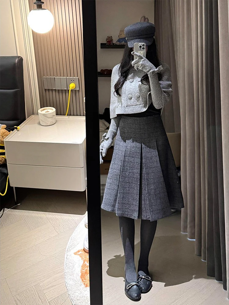 Unique Early Spring Woolen Coat And Plaid  Skirt Set Elegant Slimming Age-Defying Petite Fashion Ensemble by MARIE. 