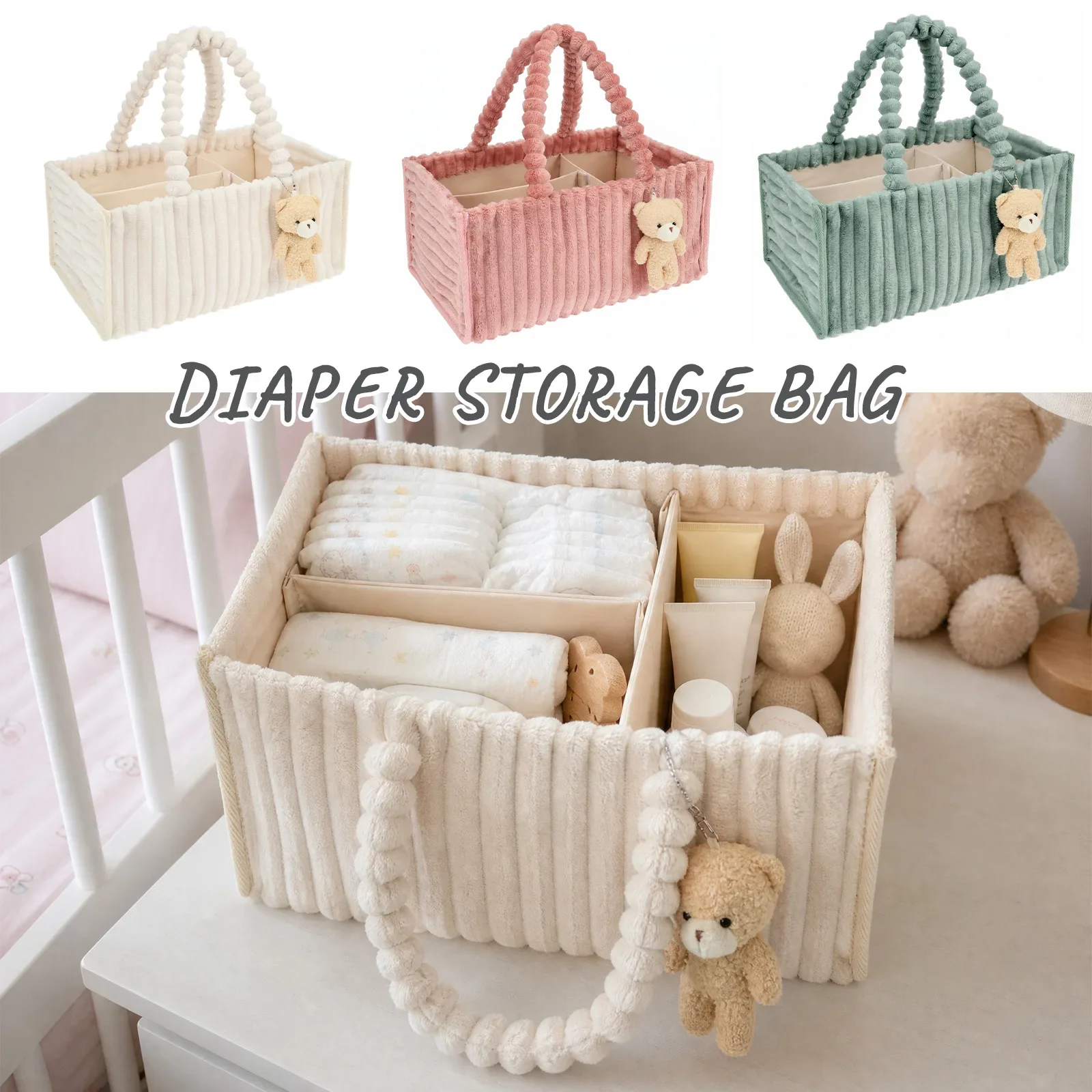 Baby Diaper Caddy Organizer Corduroy Diaper Storage Basket with Handle Foldable Multi-pocket Newborn Nappy Storage Organizer