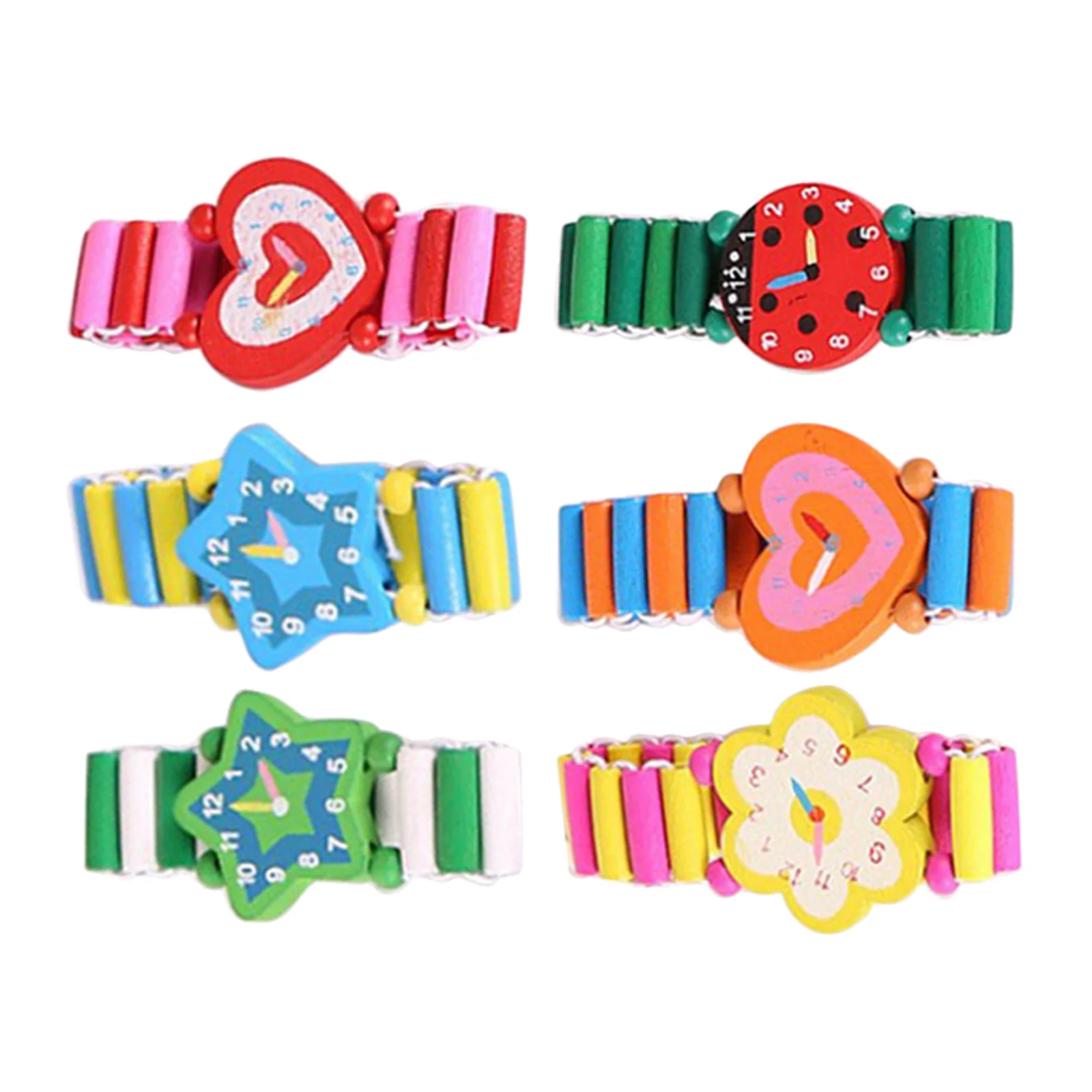 6pcs Wooden For Kids Watch Kids Cartoon Wood Wristwatches Simulation Clock Bracelet Children'S Gift Wood Crafts
