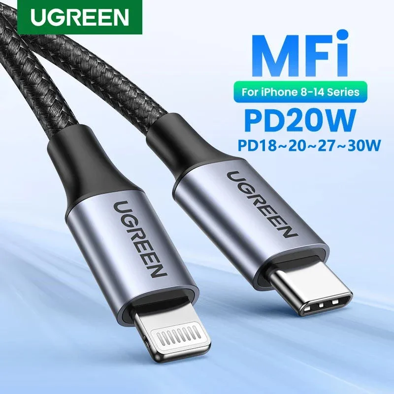 

Кабель UGREEN MFi с USB C на Lightning для Apple iPhone 14 Pro Max 13 12 11, зарядное устройство для ipad, быстрая зарядка данных PD20W 30W, Плетеный, 2 м 1 м