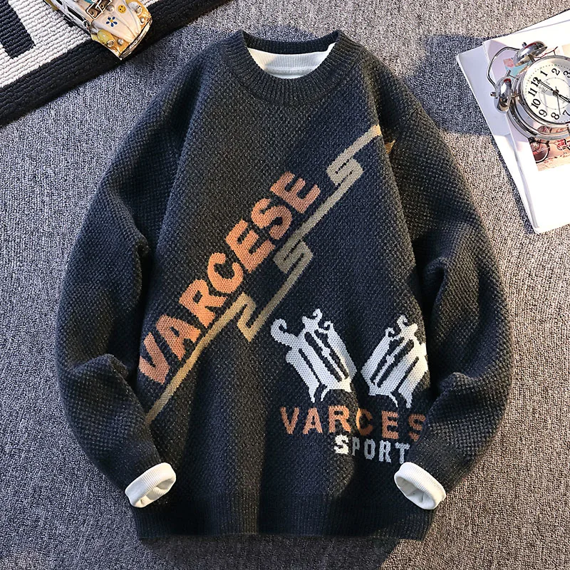 Autumn and Winter Trendy O-neck Letter Contrast Warm Knitted Sweater 2025 Fashion High Street Top Men's Hoodie Home Clothing