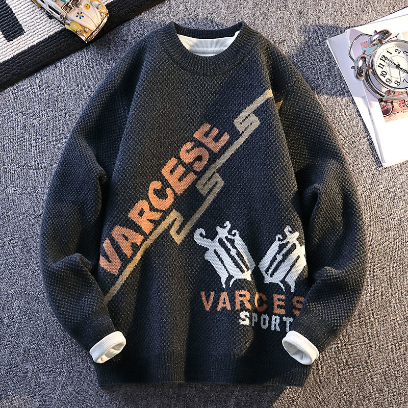  Autumn and Winter Trendy O-neck Letter Contrast Warm Knitted Sweater 2025 Fashion High Street Top Men's Hoodie Home Clothing 