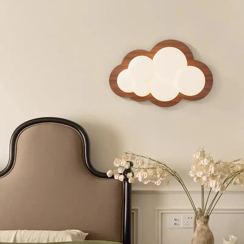 Walnut Color White Cloud Wall Lamp for Bedroom Bedside Living Room Stair Remote Control Dimming Optional Baby Kids Night Lights