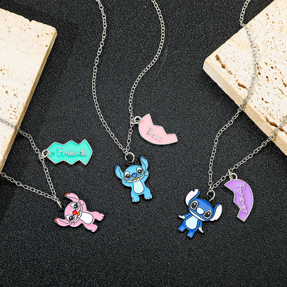 3pcs/set Best Friend Forever Necklace for 3 Girls Stitch Angel Matching Heart Pendant Necklace BFF Necklaces for Sister