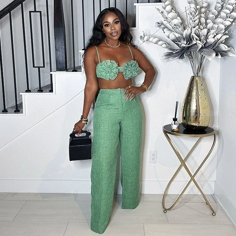 Doyerl Sexy Outfits Women Two Piece Set Birthday Clubwear Night Party Flower Bra Top and Wide Leg Pants Suits Conjunto Elegante
