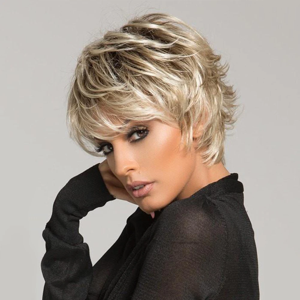 Short Wig Blonde Hair Synthetic Wigs Straight Cosplay Wig female haircut puffy straight natural short wig