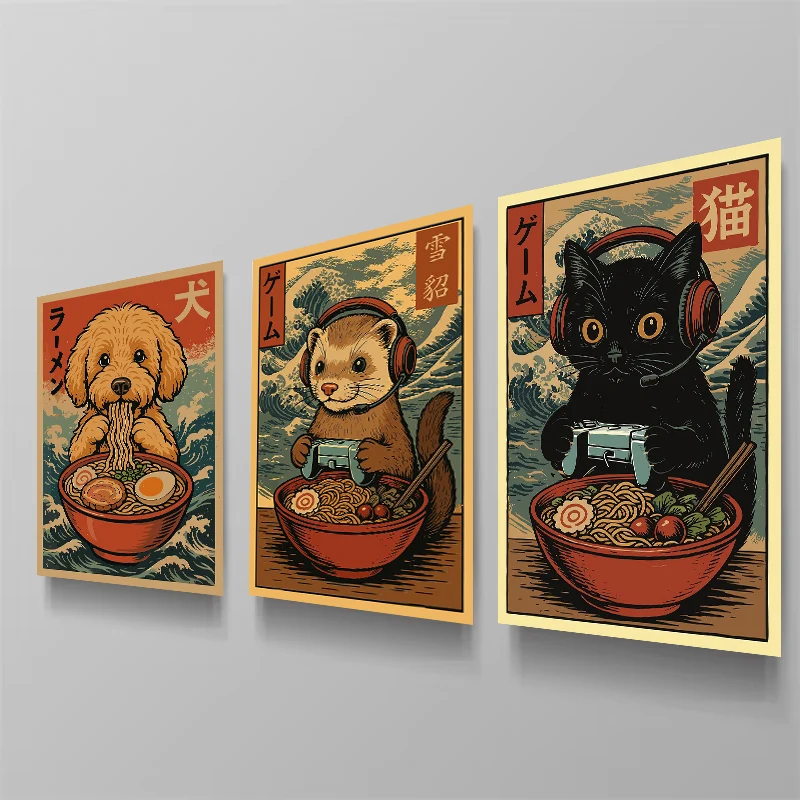 Póster de Bulldog Francés, Gato Negro Comiendo Ramen, Golden Retriever, Mapache, Gamer, Arte Japonés, Impresión en Lienzo, Decoración para Habitación de Niño