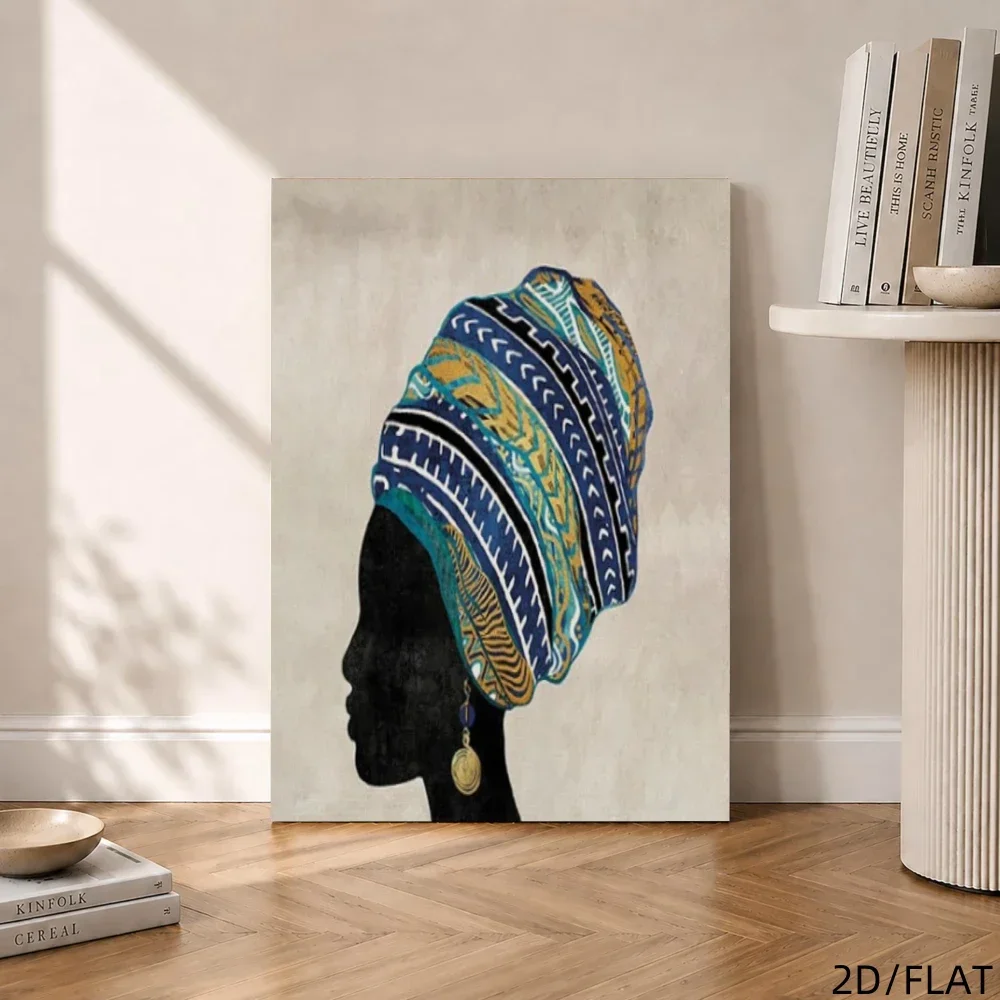 Modern Wall Art, African Woman Side‑Face Blue‑Yellow Geometric Headscarf Print, Wooden Framed Decor Painting for Living Room