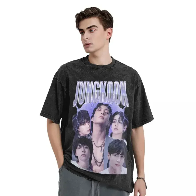 Jungkooks T shirt hip hop washed short sleeve High Street T-shirt Vintage Men Women tops streetwear summer tee shirt