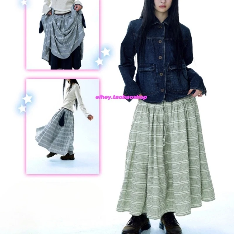 

Японская ретро контрастная цветная клетчатая юбка трапециевидной формы женская зима 2025 с высокой талией плиссированная свободная повседневная юбка средней длины