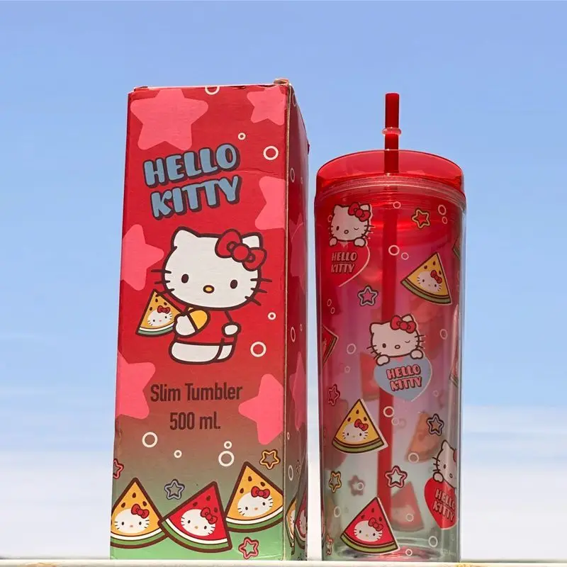 

Sanrio Anime Cartoon Hello Kitty Watermelon Cup Kawaii Couple Mug Office Milk Plastic Cup Student Juice Cup Girls Gift Wholesale