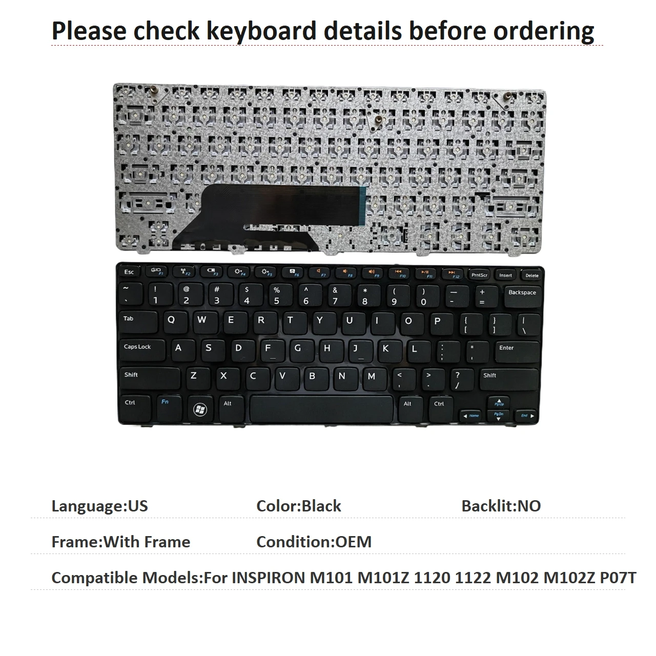 Nuevo teclado en idioma estadounidense para Dell INSPIRON M101 M101Z 1120 1122 M102 M102Z P07T, teclado de repuesto para ordenador portátil