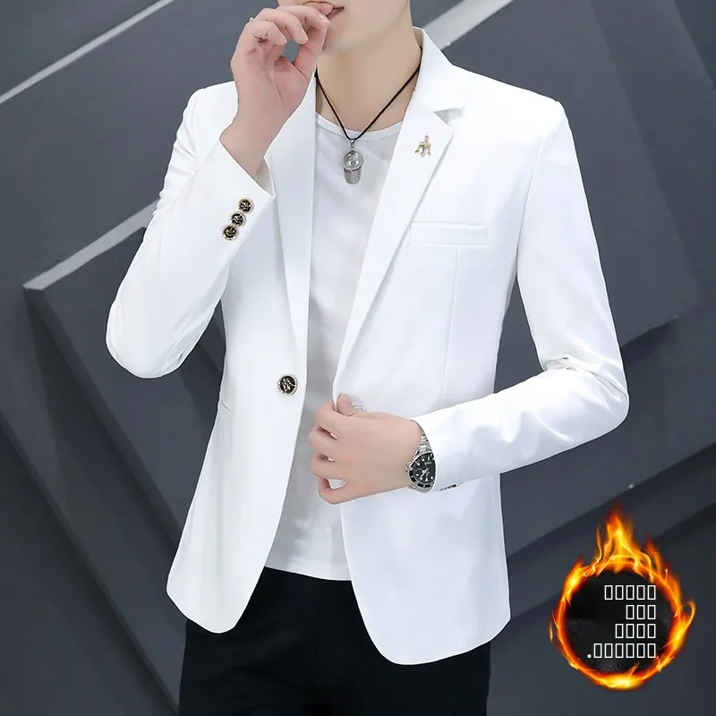 

Men's Thiened Fce Lined Slim Fit White Suit Jaet Autumn Winter Faion Casual Korean Sle Long Sve Single Button C...
