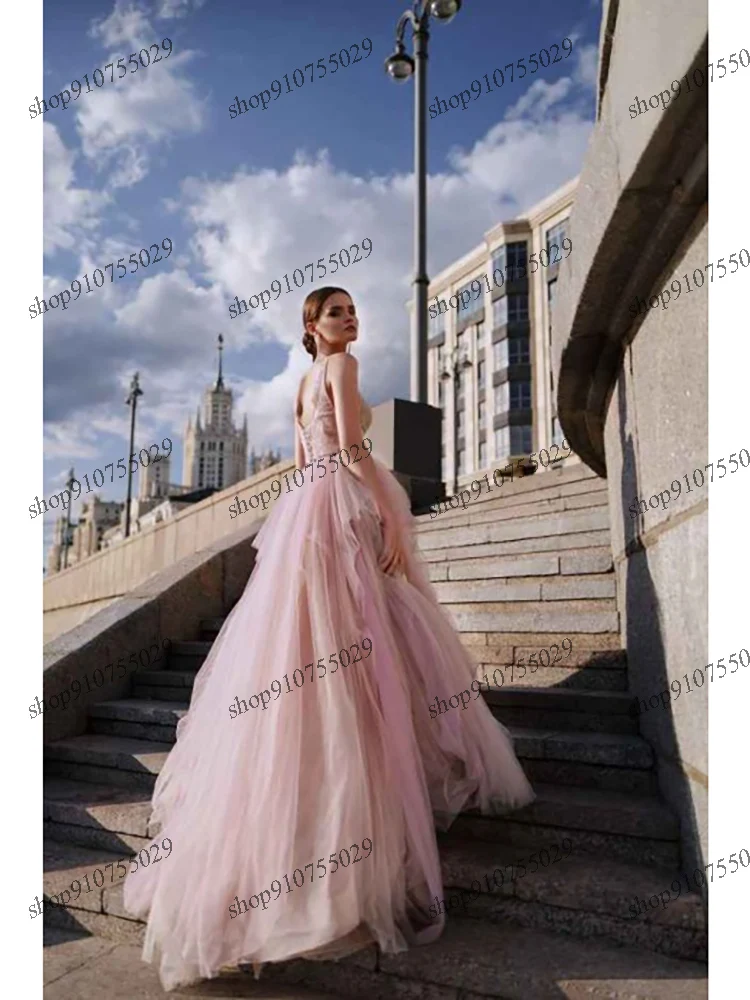 Vestido De noche Rosa abombado sin mangas Para Mujer, cuello en V, encaje hasta el suelo, lentejuelas De lujo, Vestidos De Fiesta Elegantes Para Mujer