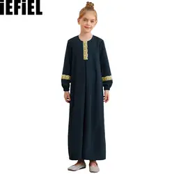 Kids Girls Muslim Dresses Abaya Round Neck Long Sleeve Maxi Dress for Ramadan Theme Party Masquerade