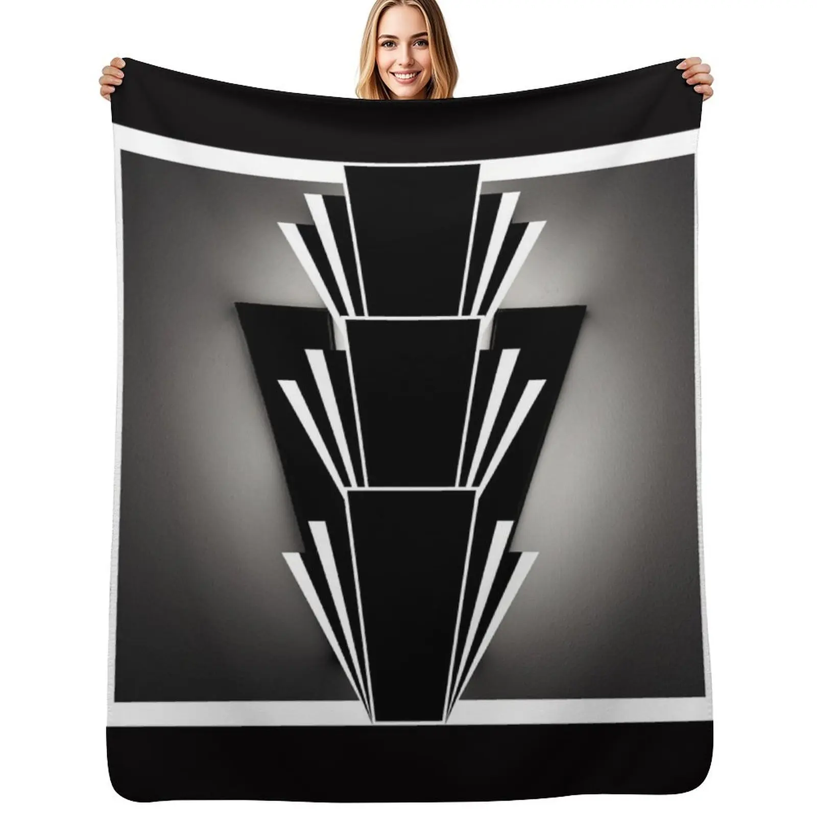 Art Deco Nouveau Black and Silver Geometric Fan Design Throw Blanket Soft Plush Blanket as Housewarming Gift