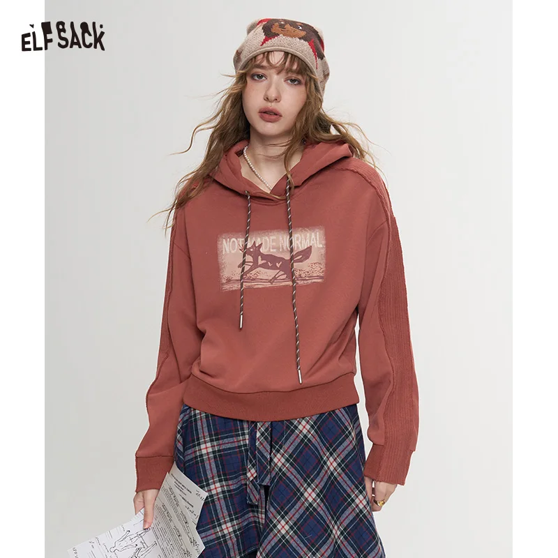ELFSACK Women's Vintage Hoodie with Fox Graphic Print, Loose Crop Sweatshirt for Everyday, Casual Aesthetic Long Sleeve Top