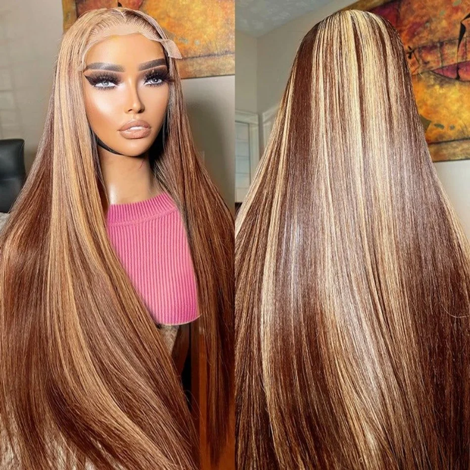 Wig Highlight rambut manusia lurus Hd renda Frontal Wig 13x6 13X4 Hd transparan renda Frontal Wig Brasil untuk WANITA HITAM