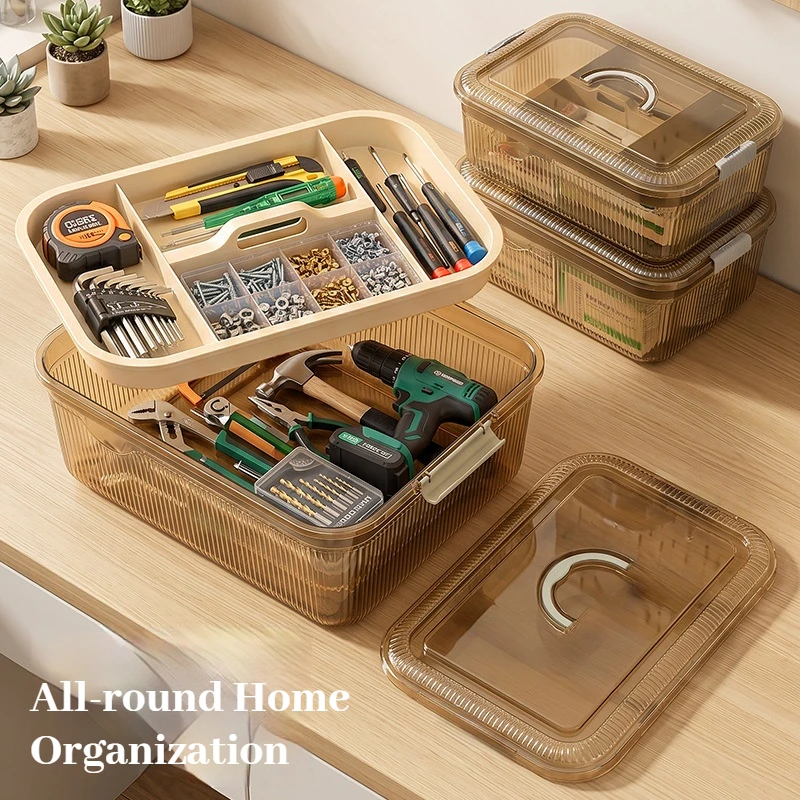 Transparent Toolbox - Multi-Functional Layered Storage Box For Home Use With Lid Dust-Proof Organizing Box Large Capacity Hand-H