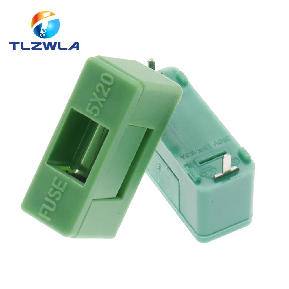 10PCS 5X20MM Fuse Box 250V Bayonet Type Fuse Holder With Cover Green Color 5*20mm PCB Terminal Foot distance 15mm 22mm