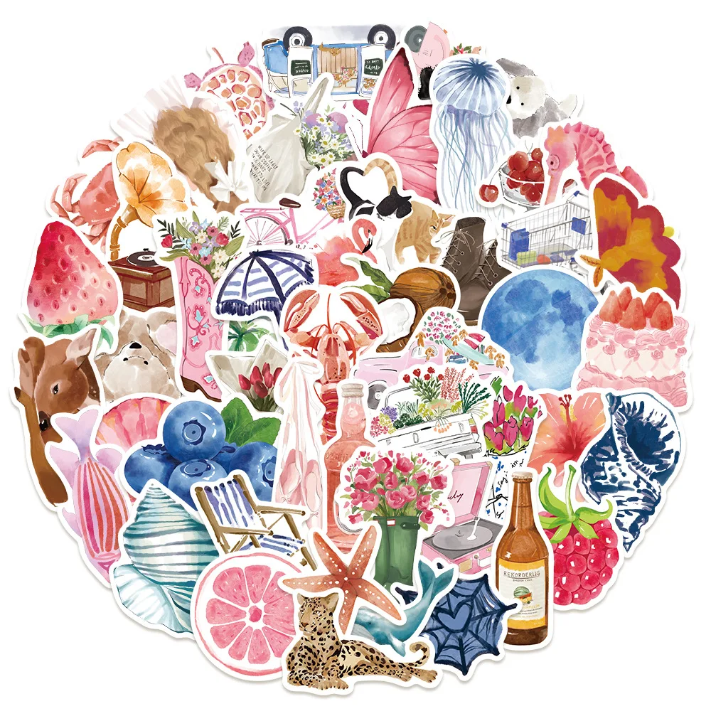 50Pcs Watercolor Dairy Stickers Decals For Phone Laptop Scrapbook Luggage Helmet DIY Graffiti Aesthetic Stickers Kids Gifts