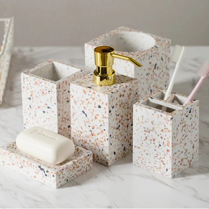 Decorative Toiletries Wash Set - Square Mouth Cup, Toothbrush Holder, Lotion Bottle & Soap Dish for Organized Bathroom Use