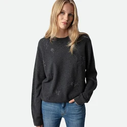 Dark Grey Sweater Women Crew Neck Cashmere Sweaters Female Fashion Diamonds Jumper Casual Long Sleeve Winter Tops