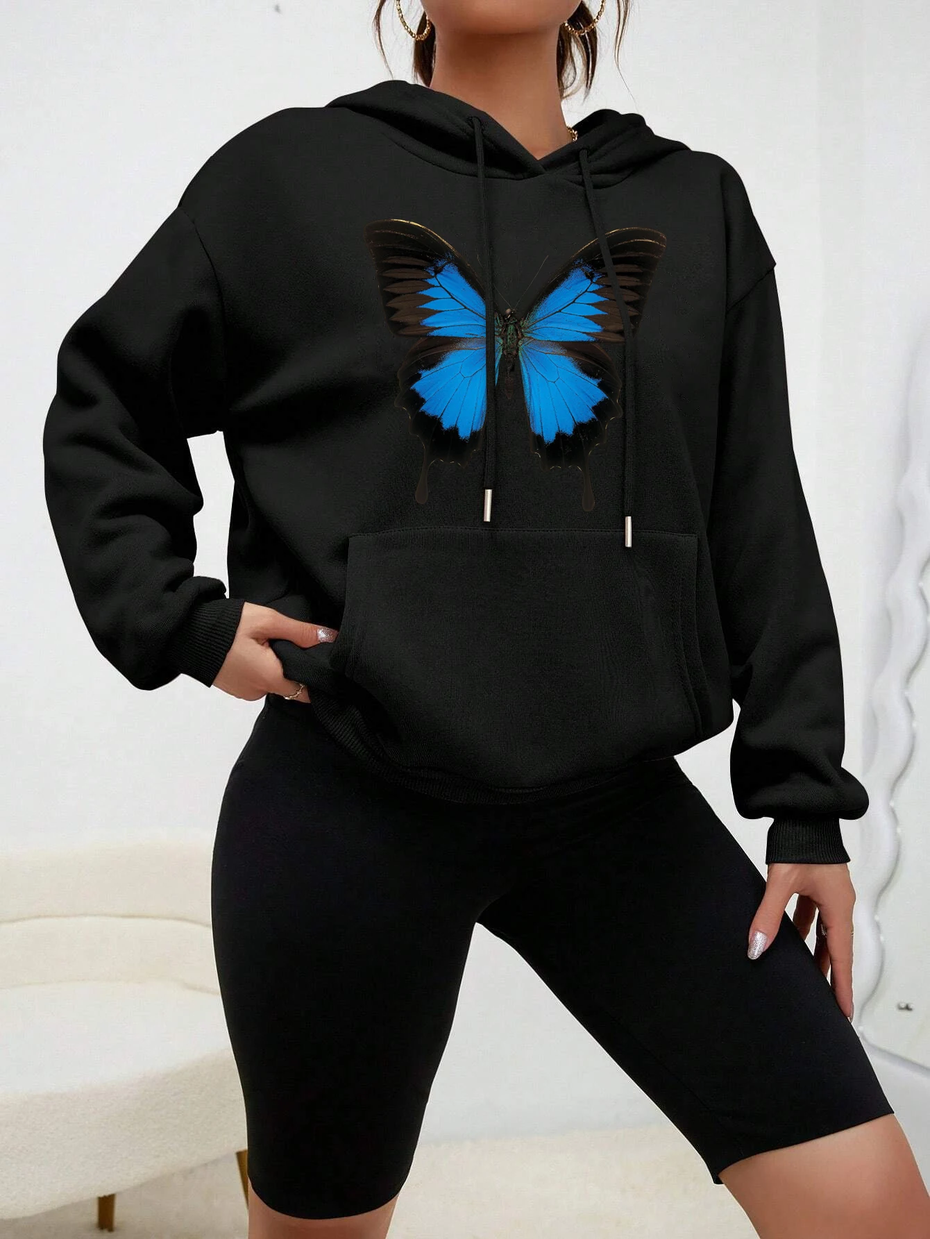 Blue Butterfly Art Prints Hoody Women Cartoons Casual Clothes Fashion Comfortable Pullover Street Style Fleece Female Hoodies