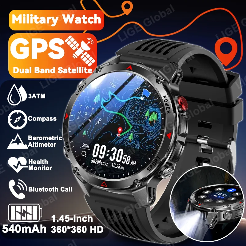 LIGE 2025 New Professional GPS Sport Smart Watch Outdoor RIDE Run Fitness Watches Compass Altimeter 3ATM Waterproof Bracelet Men