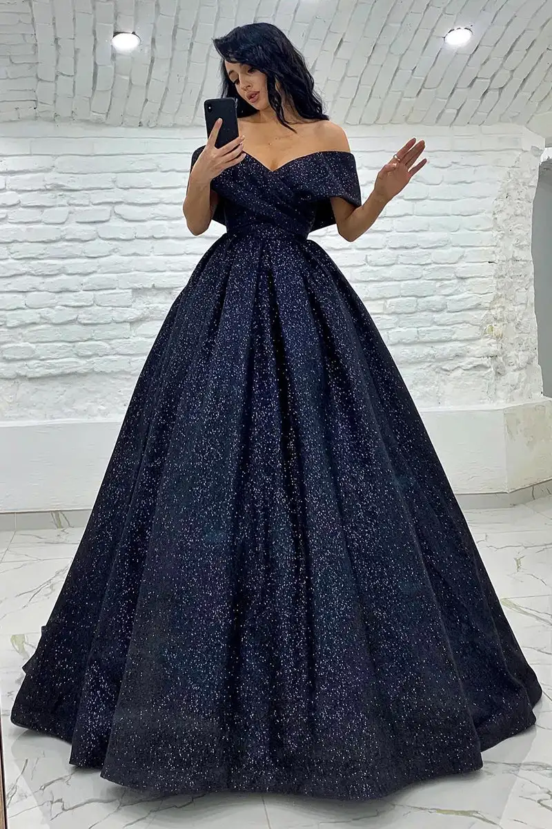 Elegant Evening Dresses Sparkly Off Shoulder V Neckline Ball Gown Bling Formal Party Women Prom Gowns Custom made