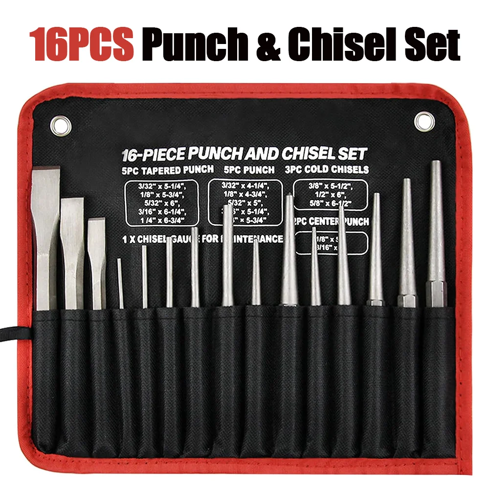 16-piece punch and chisel set, maintenance tool set, 16PC fitter tool combination set, portable