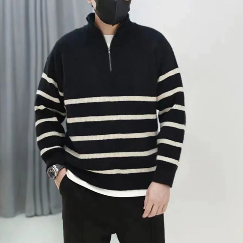 

Winter Fall Fashion Zipper Stand Collar Heavyweight Striped Sweater Men's Long Sleeve Casual Loose Knit Pullovers Classical Tops