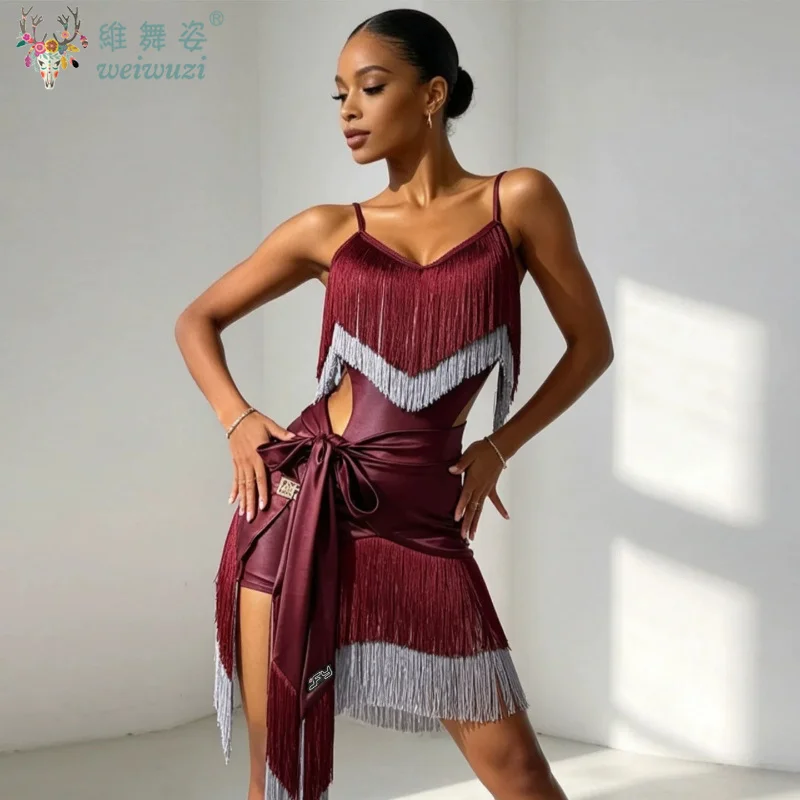 Latin Dance Performance Dress Women Sexy Rumba Samba Ballroom Party Fringe Skirt Art Test National Standard Dance Practice Suit