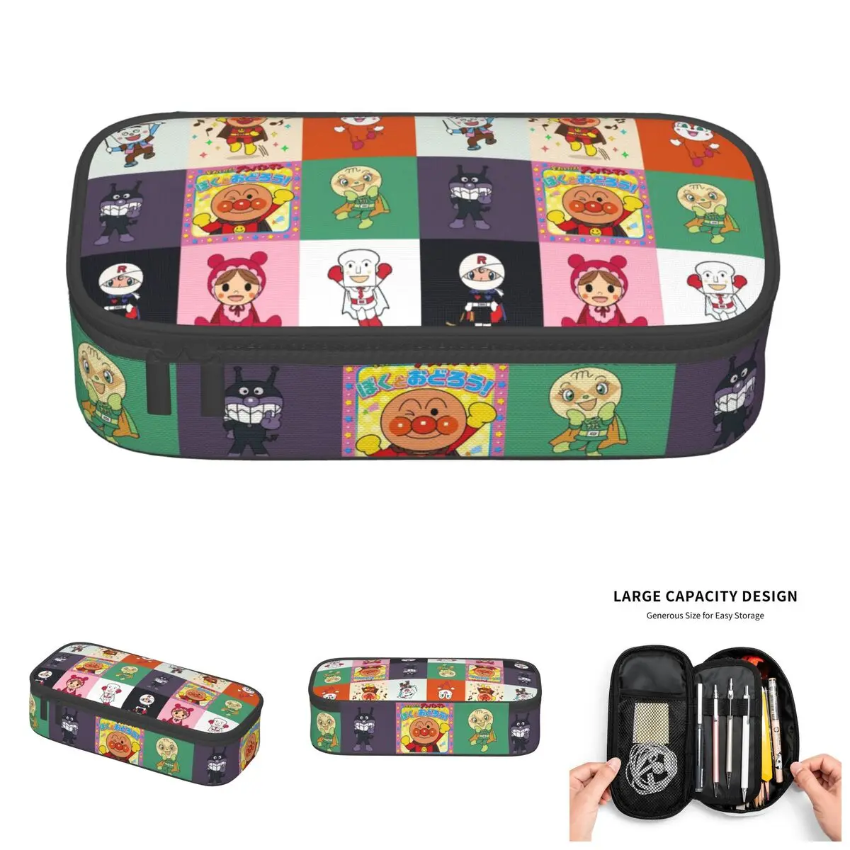 

Cute Checkered Plaid Anpanman Cartoon Pencil Cases for Girls Boys Large Storage Anime Superhero Pencil Box Stationery