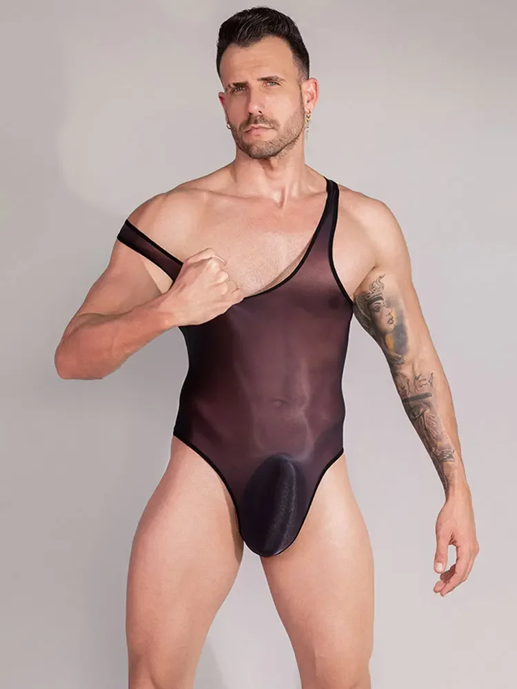 Men's Sexy Bodysuit High Elastic Breathable Leotard Bulge Pouch Convex Oil Shiny Smooth Tights One-piece Transparent Shapewear