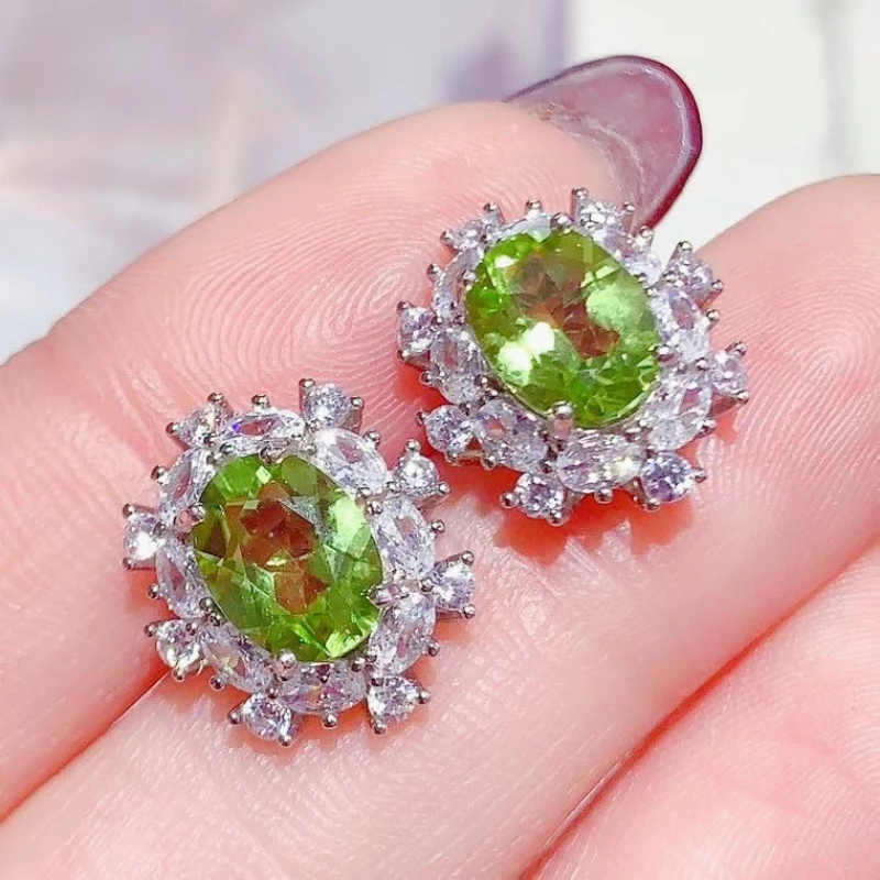 

Dazzling Silver Gemstone Stud Earrings 8mm*6mm Natural Peridot Jewelry with Certificate 925 Silver Peridot Stud Earrings