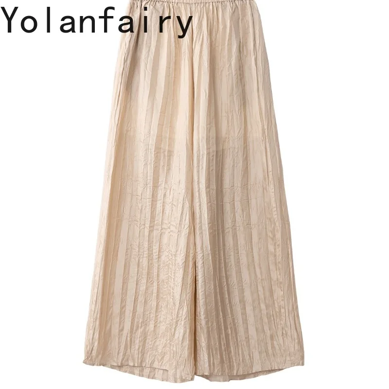 YOLANFAIRY 100% Real Mulberry Silk Pants for Women Crinkled Textured Loose Wide Leg Straight Casual Pants Spring Summer Trousers