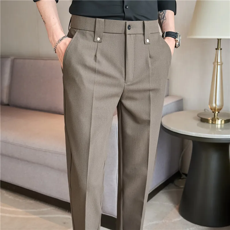 Pantalones de traje de estilo británico para hombre, ropa Formal, informal, ajustada, con cintura elástica, sólida, Primavera, 2024