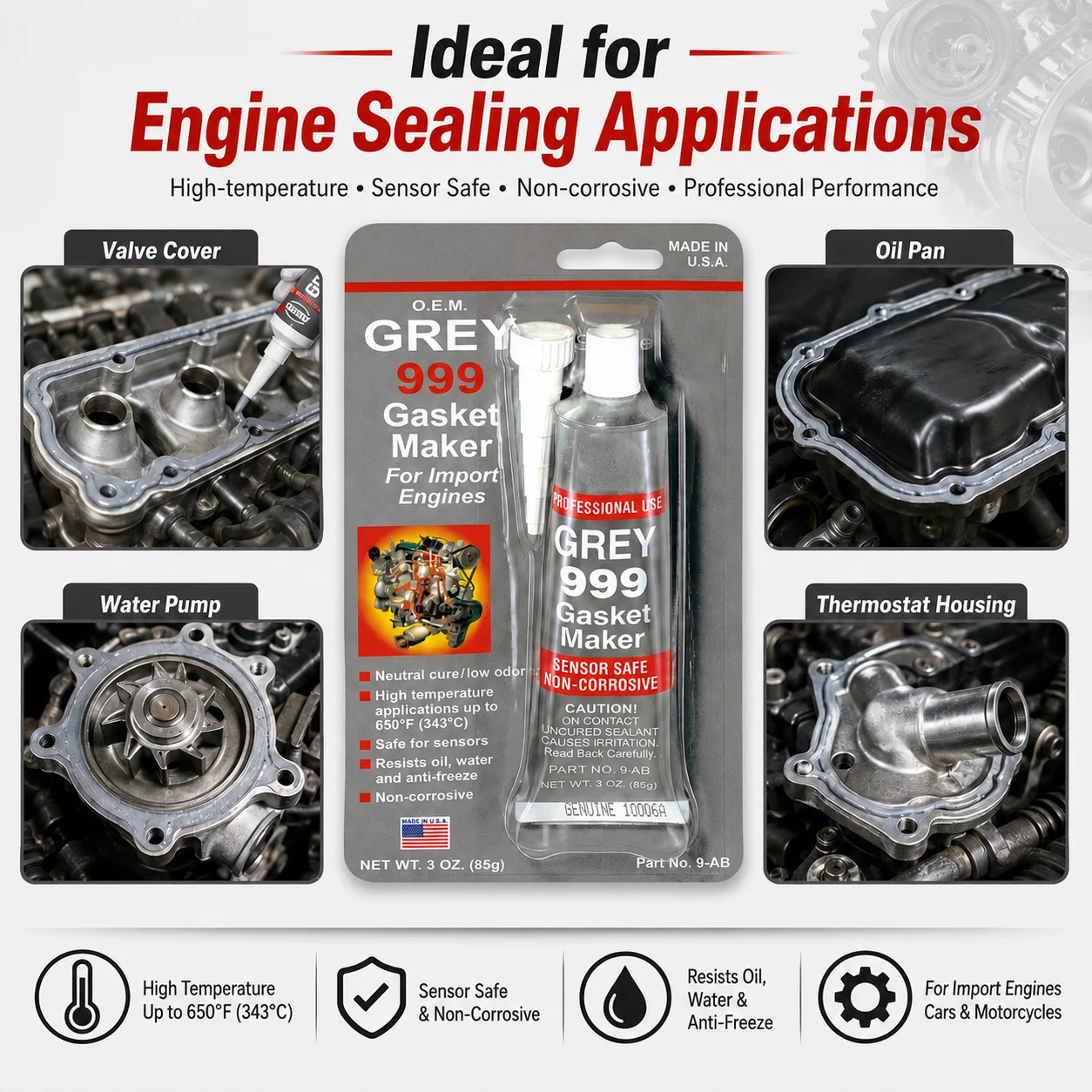 ABRO Grey 999 Gasket Maker 85g RTV Silicone Sealant High Temp Sensor Safe Non Corrosive Oil Resistant for Car Engine