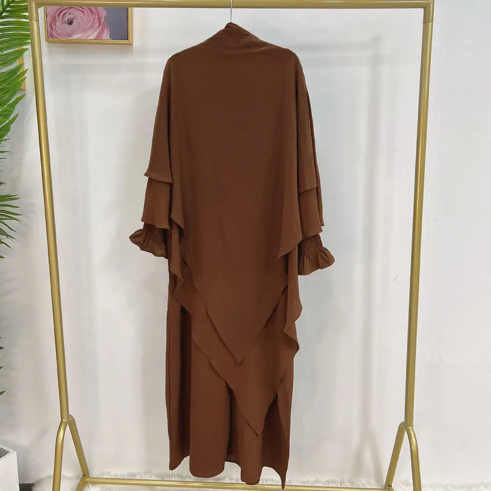 Hijabi Abaya Khimar Set Smocked Cuff Loose Abaya Dress + 2 Layer Hijab Scarf, Islamic Prayer Clothes Jilbab Ramadan Muslim Women image 3