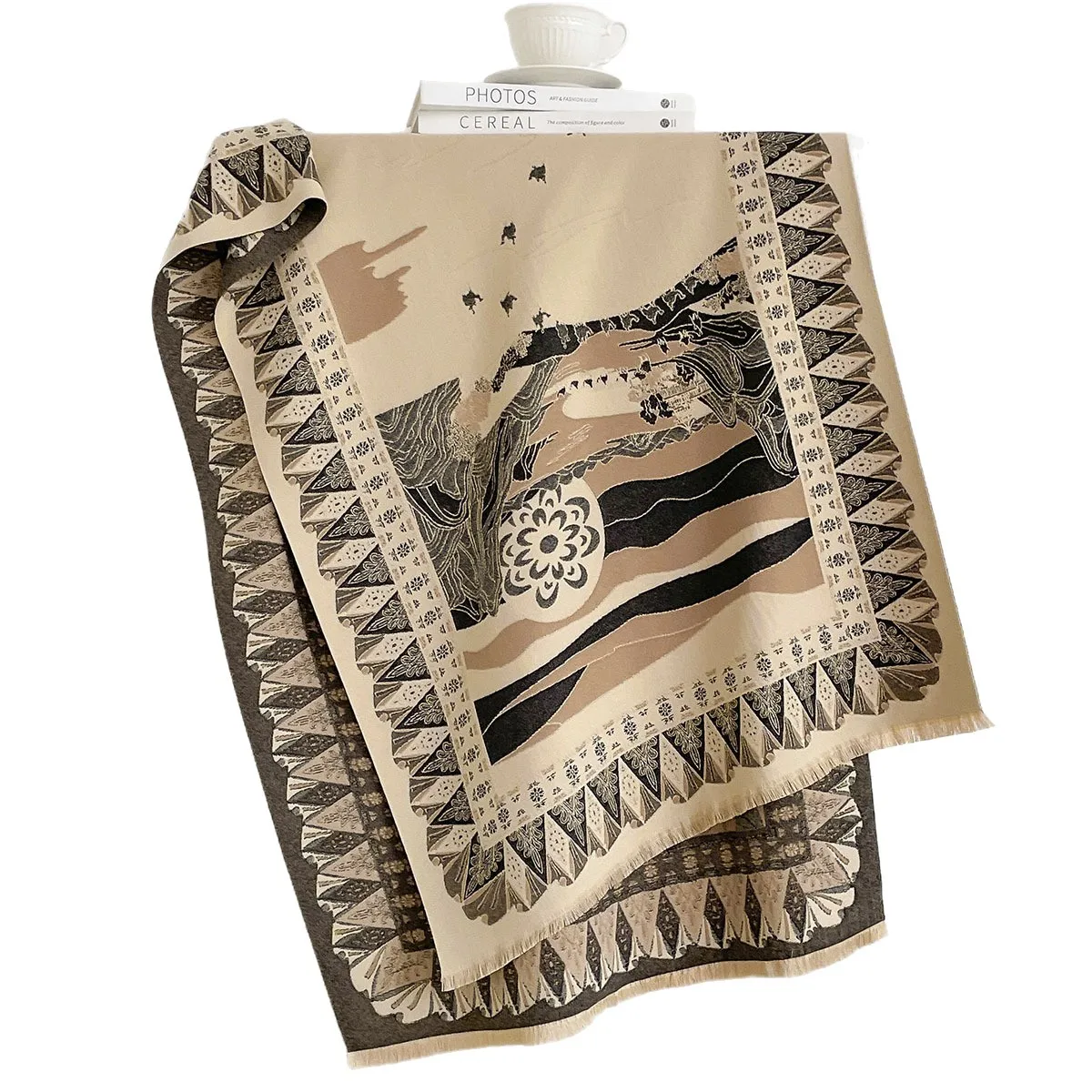 2026 Vintage Border Pattern Double Sided Scarf for Women Faux Cashmere Soft Reversible Long Shawl Fringe Trim Warm Poncho Stole