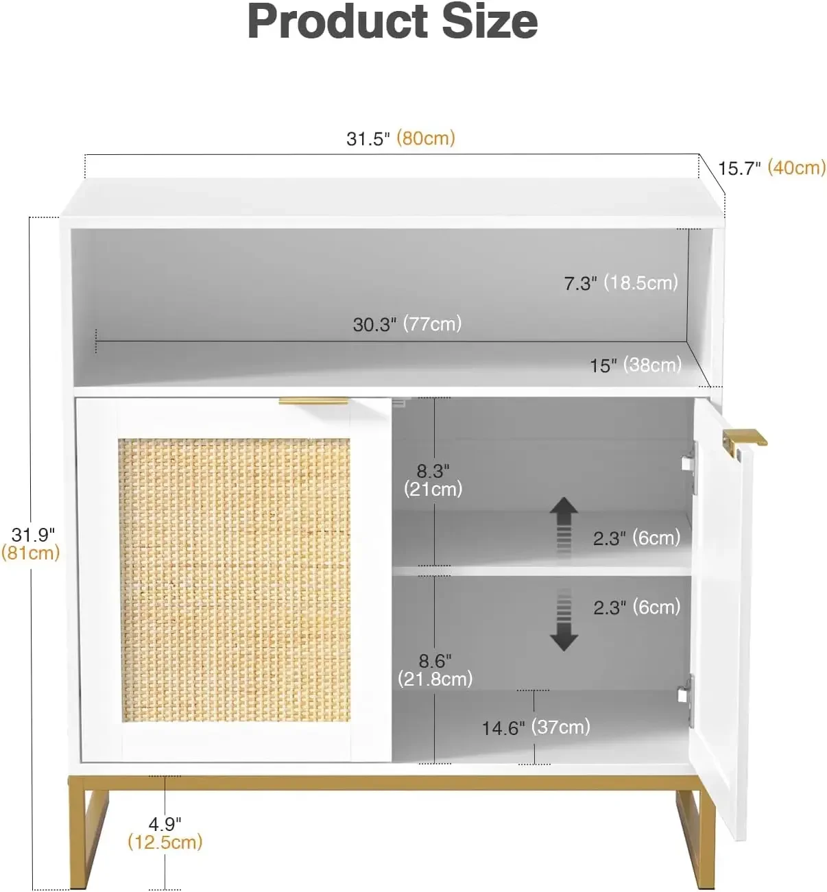 Sideboards and Buffets Cabinet with 2 Doors and Adjustable Shelf ,Storage Kitchen Rattan Cabinet,Heavy Duty,White/Black