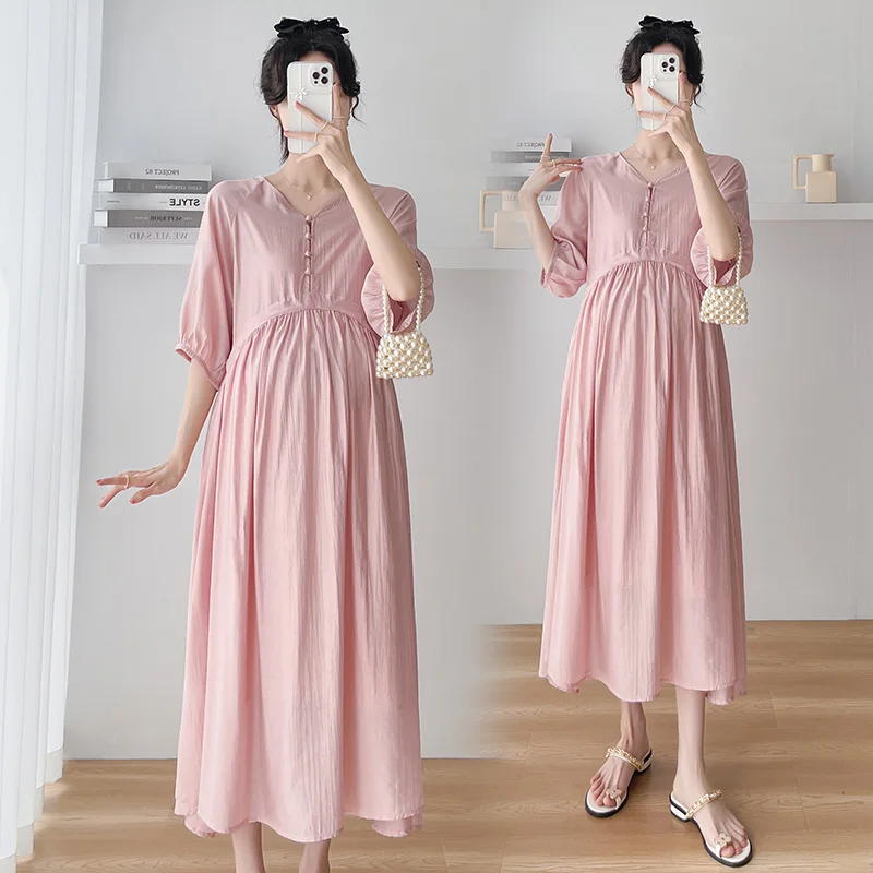 

1179# 2023 Summer Korean Fashion Maternity Long Dress A Line Slim Loose Clothes for Pregnant Women Pregnancy Feeding Postpartum