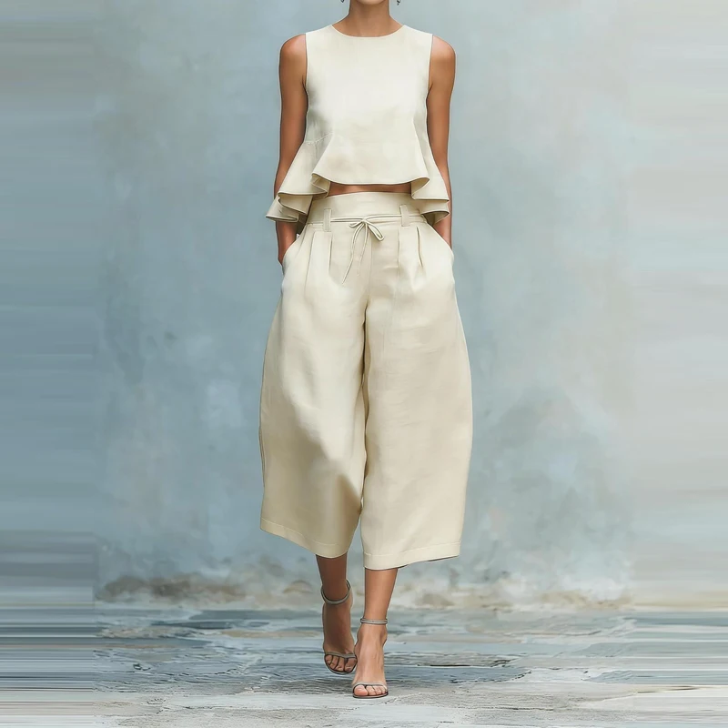 

Элегантный комплект из 2 предметов: модный повседневный костюм из хлопка и льна с высокой талией, однотонный, с пуловером с круглым вырезом и брюками с широкими штанинами