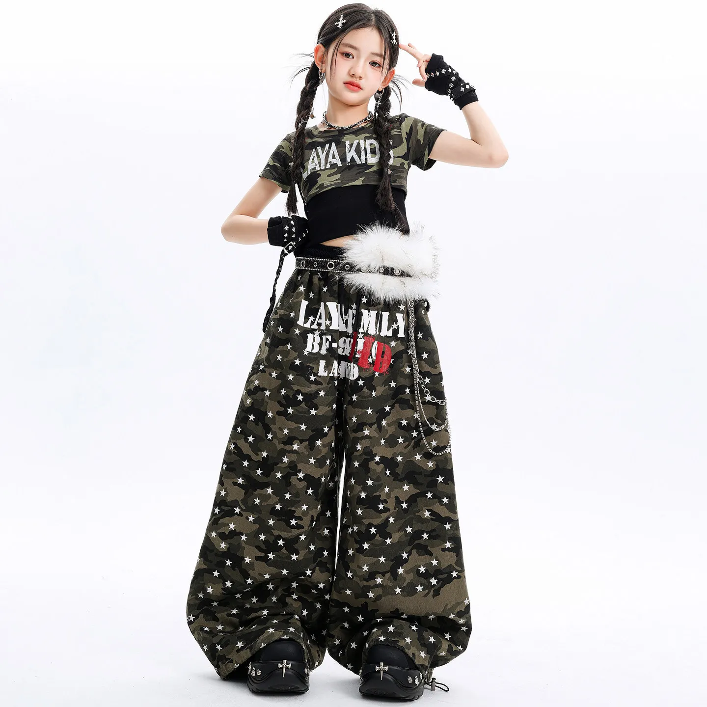 Girls Kpop Hip Hop Clothing Camo Black Patchwork Crop T Shirt Camo Stars Print Wide Pants for Kids Street Dance Costumes Clothes