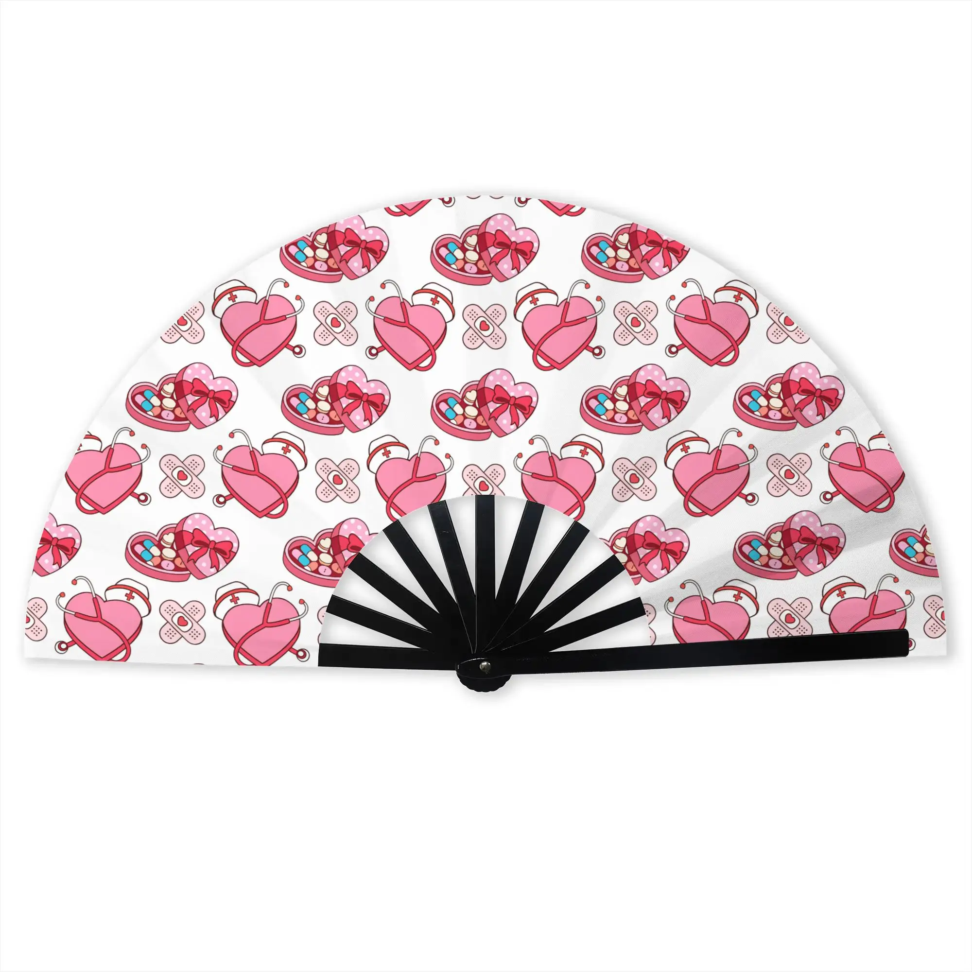 Valentine Nurse Hearts Candy On Blue Traditional Folding Fan Oriental Art  High-Quality Fans Gift  Exquisite Decorative Hand Fan