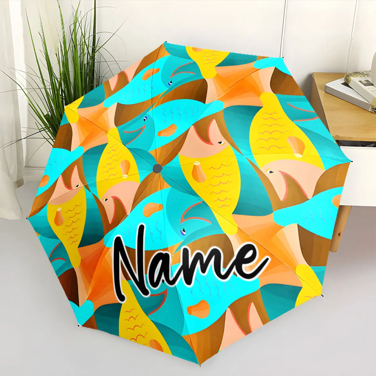 Custom Name Colorful Fish Pattern Design Umbrella Print 8 Iron Ribs Folding Umbrella Auto-Open Fashion Sunshade