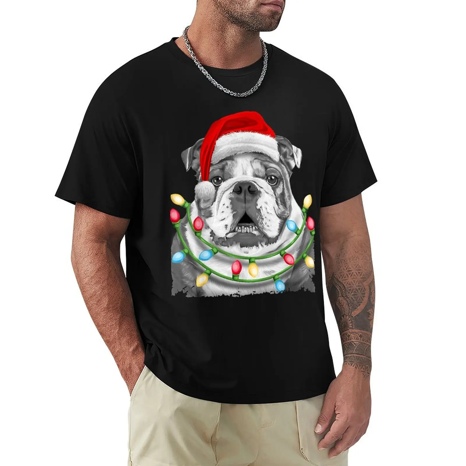 

English Bulldog Santa Christmas Tree Lights Xmas Boys Dog T-Shirt funny costumes topping funny gifts men graphic t shirts
