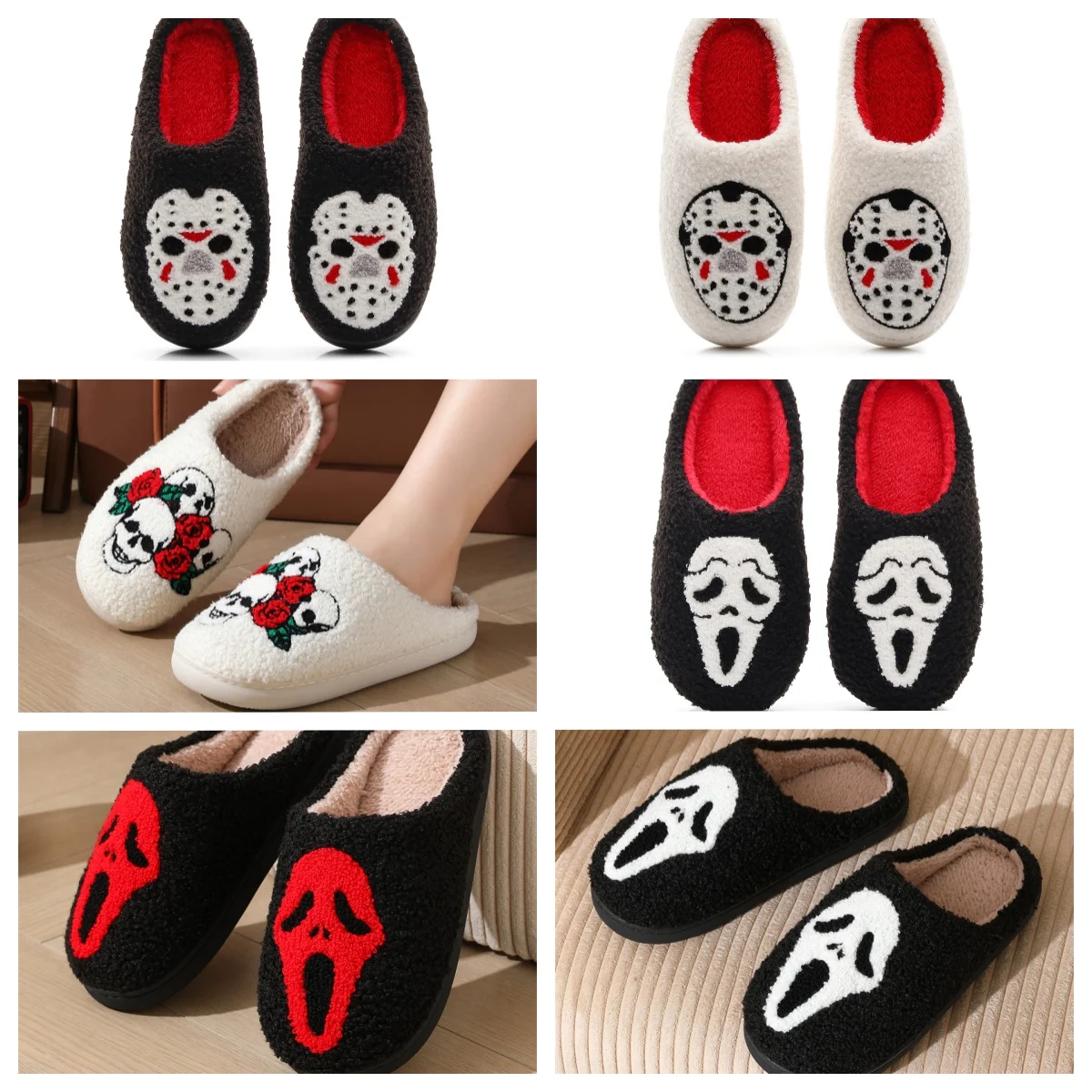 

Winter Warm Plush Slippers Funny Skull Non-Slip Soft Shoes Comfort Flat Heel Indoor Bedroom Couple's Slippers for Home Shoes